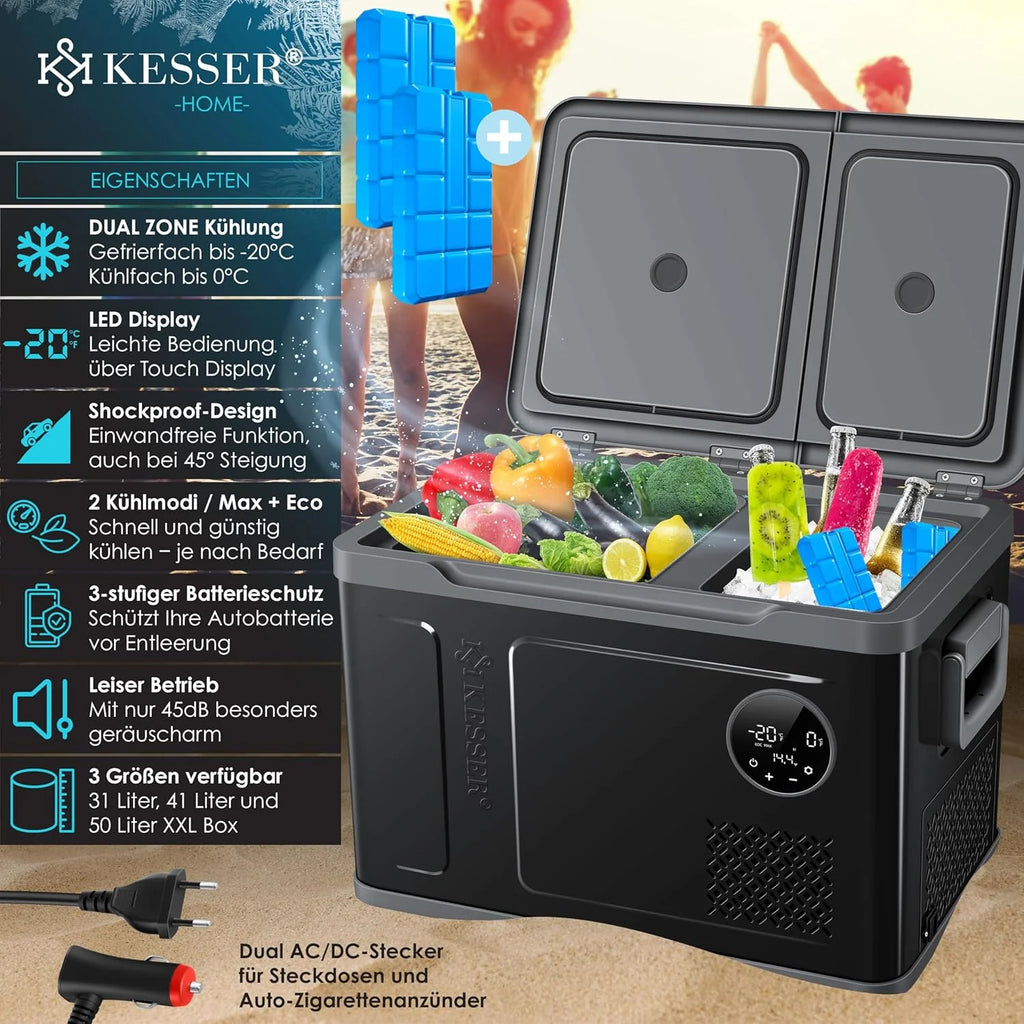 Nevera portátil KESSER 2026 con compresor, 2 en 1, doble zona de refrigeración y congelación, con congelador eléctrico, 2 acumuladores de frío y control táctil LED | Refrigerador con capacidad de enfriamiento hasta – 20 °C para camping, coche y