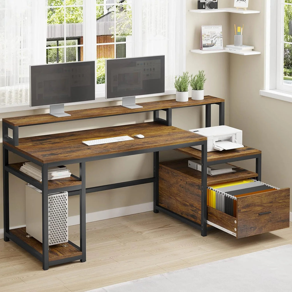2026 White Computer Desk with 5 Drawer & Power Outlet, 66'' Home Office Desk with File Drawer, Storage Shelves, Printer Cabinet and Monitor…