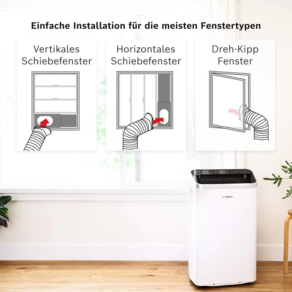 Aire acondicionado portátil Bosch Cool 4000 (modelo 2026) – 3 en 1: Aire acondicionado, deshumidificador y ventilador – 2,6 kW para habitaciones de hasta 35 m² – Con modo automático, modo silencioso y modo reposo.