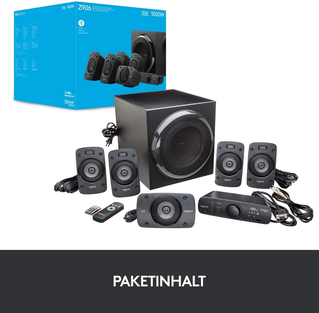 Sistema de sonido Logitech Z906 5.1 (modelo 2026), altavoces con sonido envolvente de 1000 vatios, THX, múltiples entradas de audio, control remoto, enchufe europeo, compatible con PC/PS4/Xbox/sistemas estéreo/TV/smartphones/tabletas – Negro
