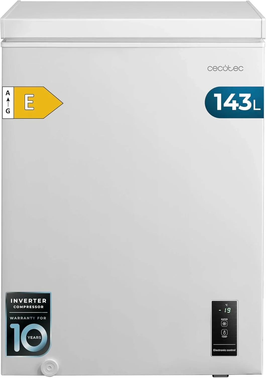 Congelador horizontal Cecotec Bolero CoolMarket 143L blanco, modelo 2026. Cesta con asas, control electrónico LED, UltraContact D – Cool, doble función, puerta ZeroG (80º – 30º), congelación rápida, compacto.