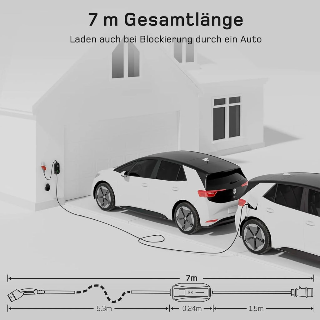 Estación de carga/wallbox móvil 2026 dé de 11kW [trifásica|7m|6 – 16A] con kit de adaptadores Traveller, cable de carga CEE 16A a tipo 2 y cargador para vehículos eléctricos Model Y/3, ID.3/4/5, MG4, EX30, e – up, e – tron, Zoe y otros vehículos