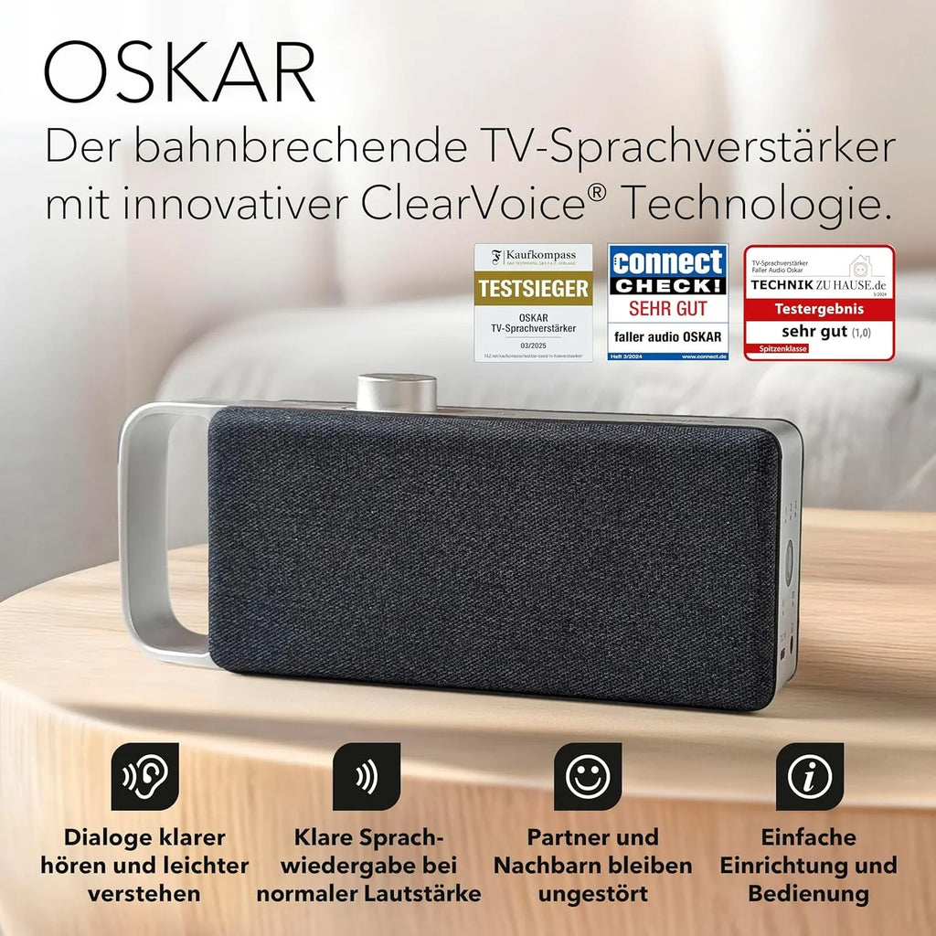 Barra de sonido/altavoz para TV Faller Oskar 2026 con Clear Voice (portátil, inalámbrica, fácil de usar, carcasa de aluminio)