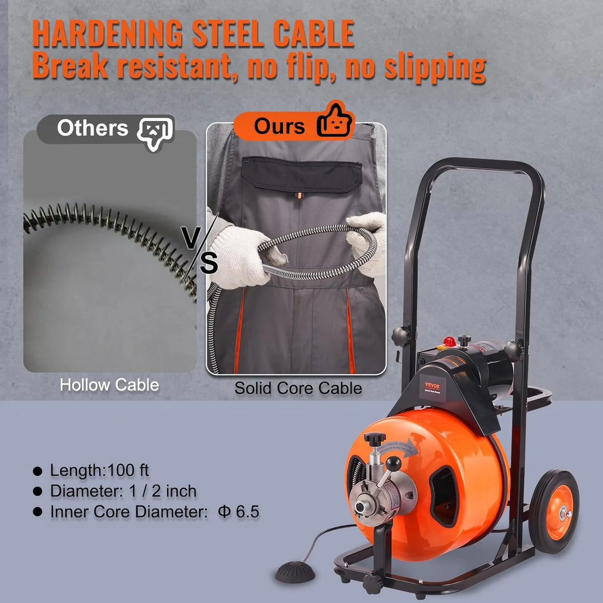 2026 Drain Cleaner Machine 100FT x 1/2Inch, Auto Feed Sewer Snake Auger with 4 Cutter & Air-activated Foot Switch for 1" to 4" Pipes, Orange, Black
