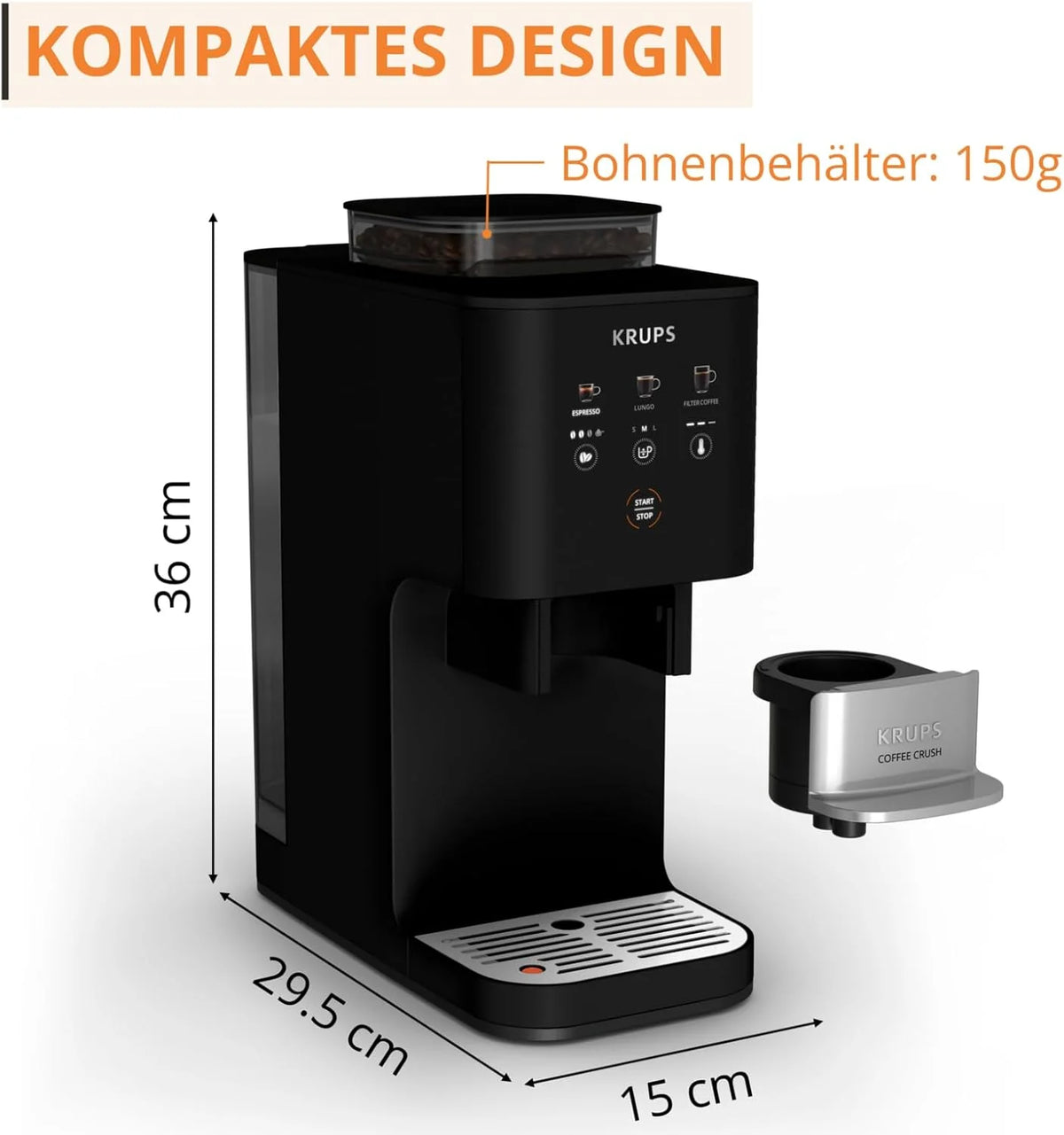 Cafetera automática Krups Coffee Crush Extra 2026, molinillo de acero inoxidable para café recién molido, solo 15 cm de ancho, panel de control inteligente, también para café premolido, fácil limpieza, color negro, SA4028E0