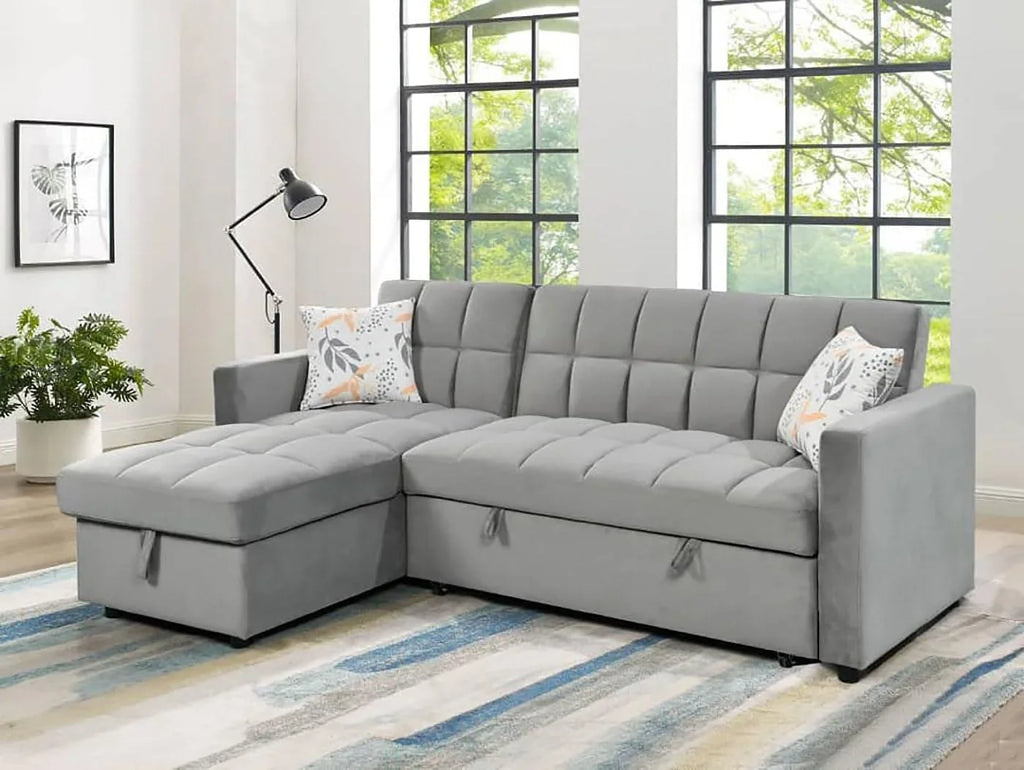 2026 Sofá Cama Chaise Longue 210x145 cm – Chaise Longue Reversible Ambos Lados con Arcón, Sofa Rinconera con Sistema de Arrastre, Armazón de Pino Macizo – Gris Terciopelo