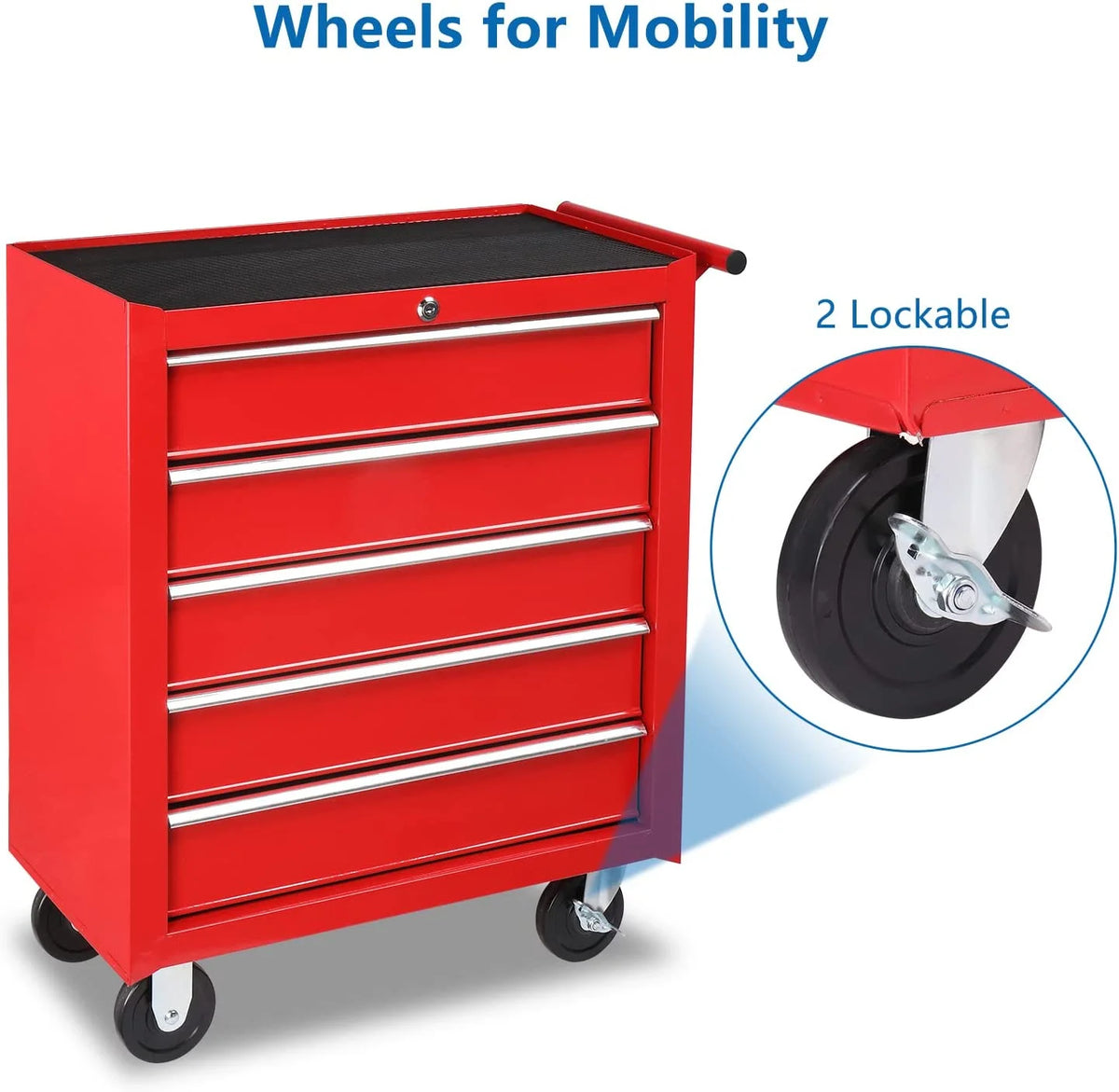2026 TUFFIOM 5-Drawer Rolling Tool Chest with Lock & Key, Tool Storage Organizer Box Cabinet with Wheels