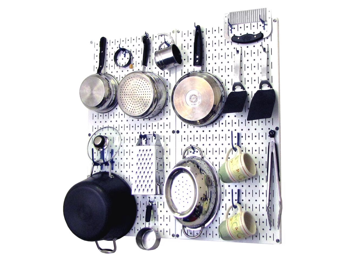 2026 Wall Control Kitchen Pegboard Organizer Pots and Pans Pegboard Pack Storage and Organization Kit with White Pegboard and Blue Accessories