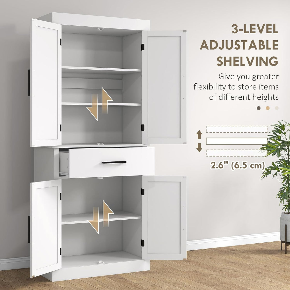 2026 72" Tall Kitchen Pantry Cabinet Adjustable Shelves Barn Doors White