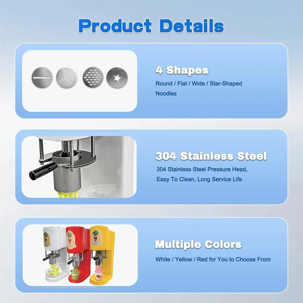Máquina comercial de helado de espagueti 2026, 28 – 30 l/h, máquina profesional de helado de pasta con 4 formas diferentes de pasta, para hostelería y heladerías (Rojo)