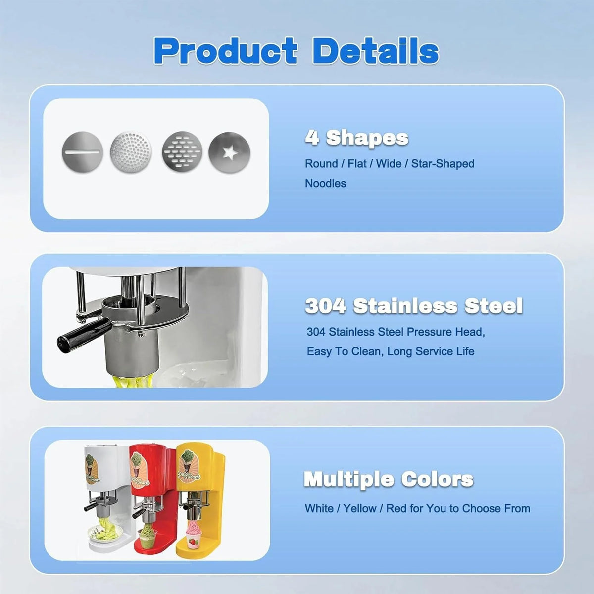 Máquina comercial de helado de espagueti 2026, 28 – 30 l/h, máquina profesional de helado de pasta con 4 formas diferentes de pasta, para hostelería y heladerías (Rojo)