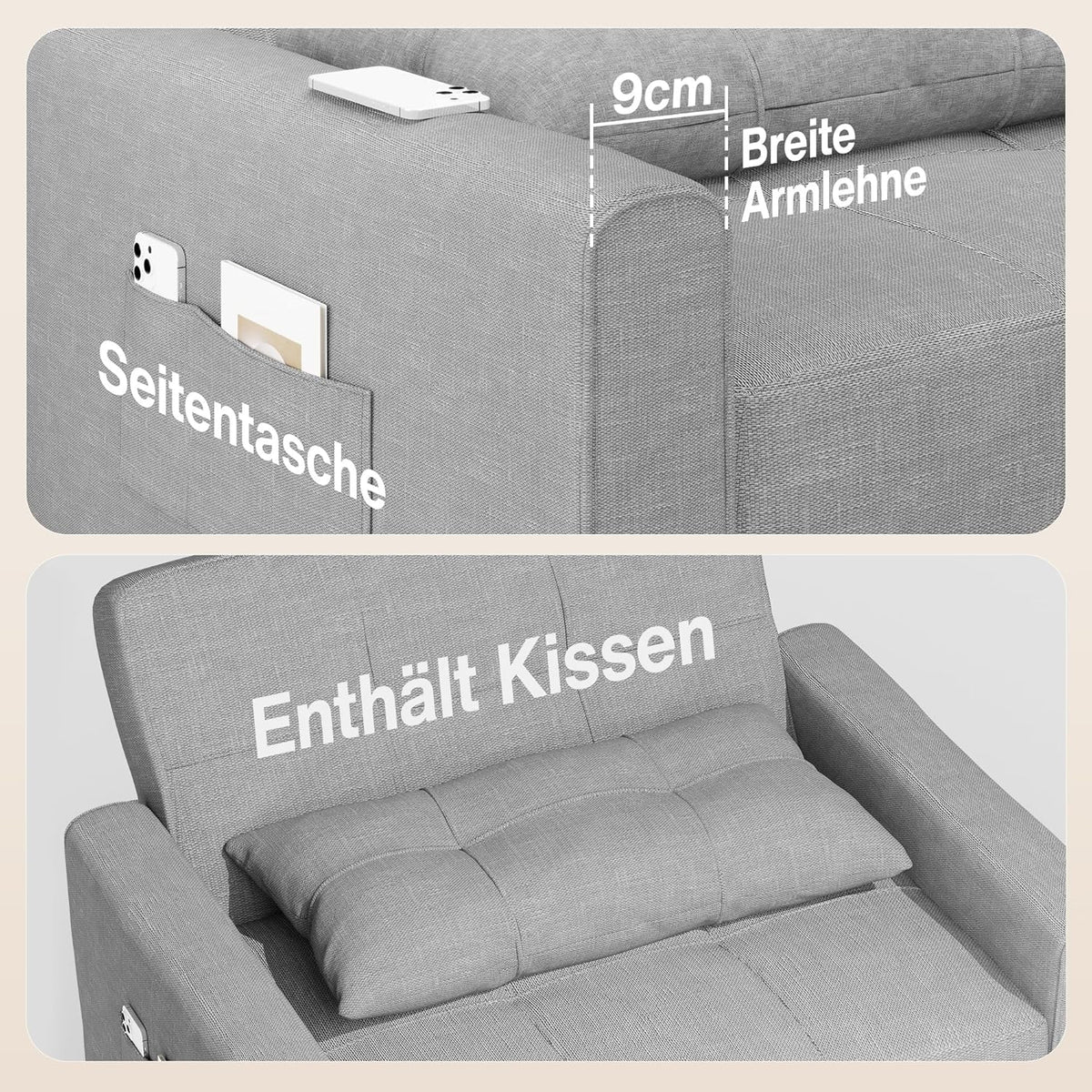 Sillón reclinable Bealife 2026, sillón cama con respaldo ajustable, sillón para TV, sofá cama plegable, sillón reclinable para sala de estar y dormitorio (gris claro)