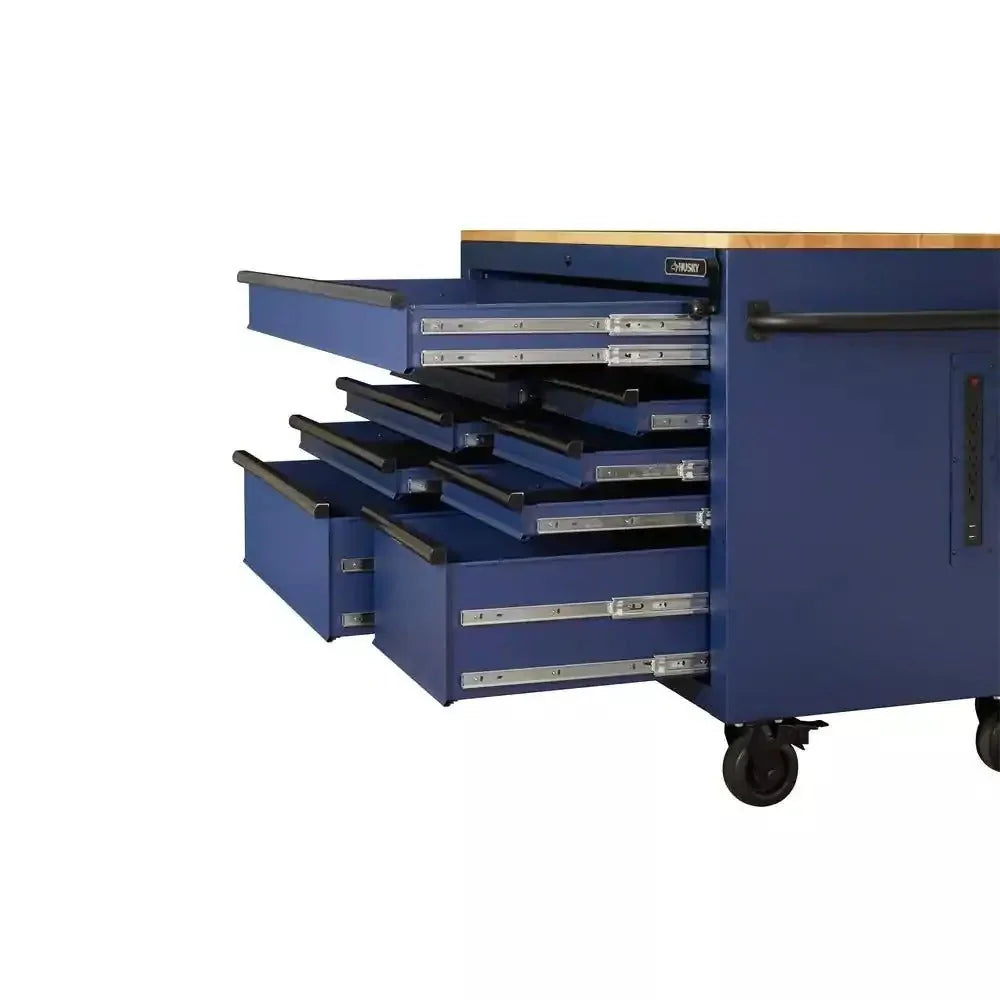 2026 Heavy-Duty 52 in. 9-Drawer Mobile Workbench with Adjustable-Height Solid Wood Top in Matte Blue
