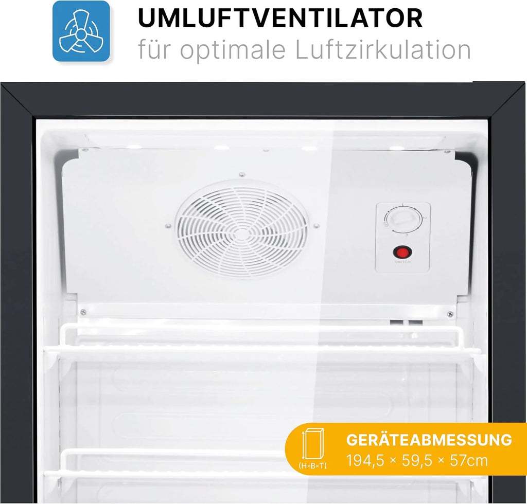 Refrigerador Bomann® 2026 con puerta de vidrio | Enfriador de bebidas con cerradura | 6 estantes ajustables en altura | Capacidad de 30 kg por estante | 347 litros | Refrigerador grande | Enfriador de botellas con luz LED | KSG 7351 Negro
