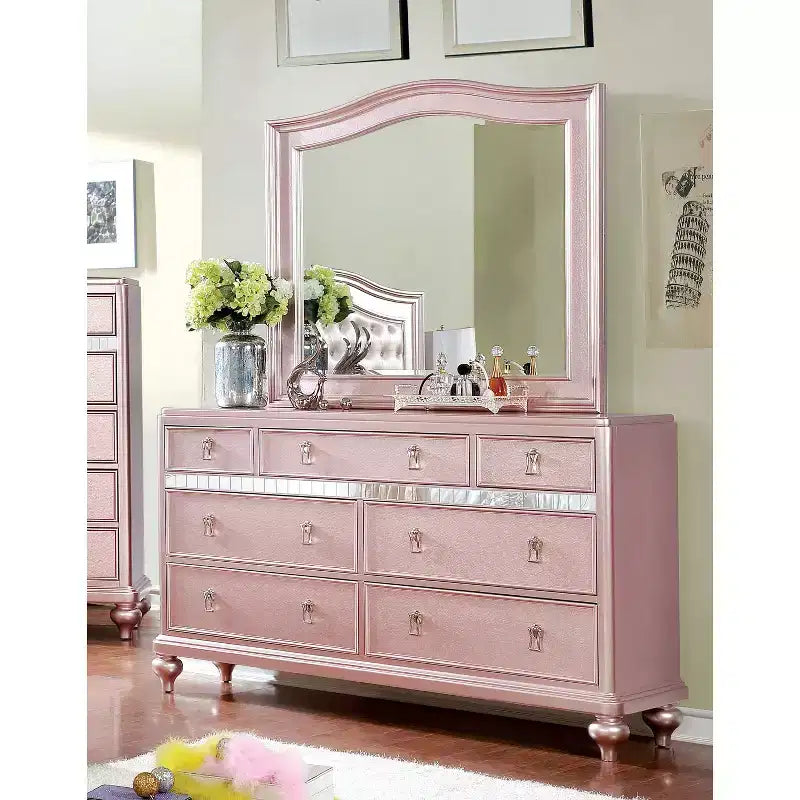 2026 Cómoda Coleman de 7 cajones – Acabado en oro rosa, 162,6 cm de ancho. Ideal para el dormitorio.
