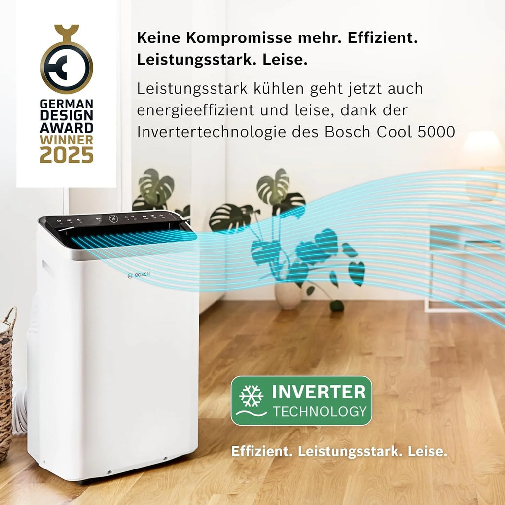 Aire acondicionado portátil Bosch Cool 4000 (modelo 2026) – 3 en 1: Aire acondicionado, deshumidificador y ventilador – 2,6 kW para habitaciones de hasta 35 m² – Con modo automático, modo silencioso y modo reposo.