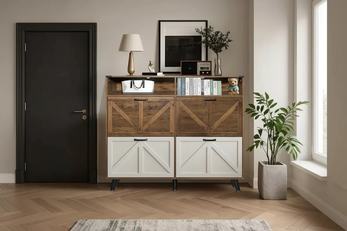 2026 Zapatero de 4 puertas abatibles con cajones y estantes ajustables – Capacidad para 32 pares