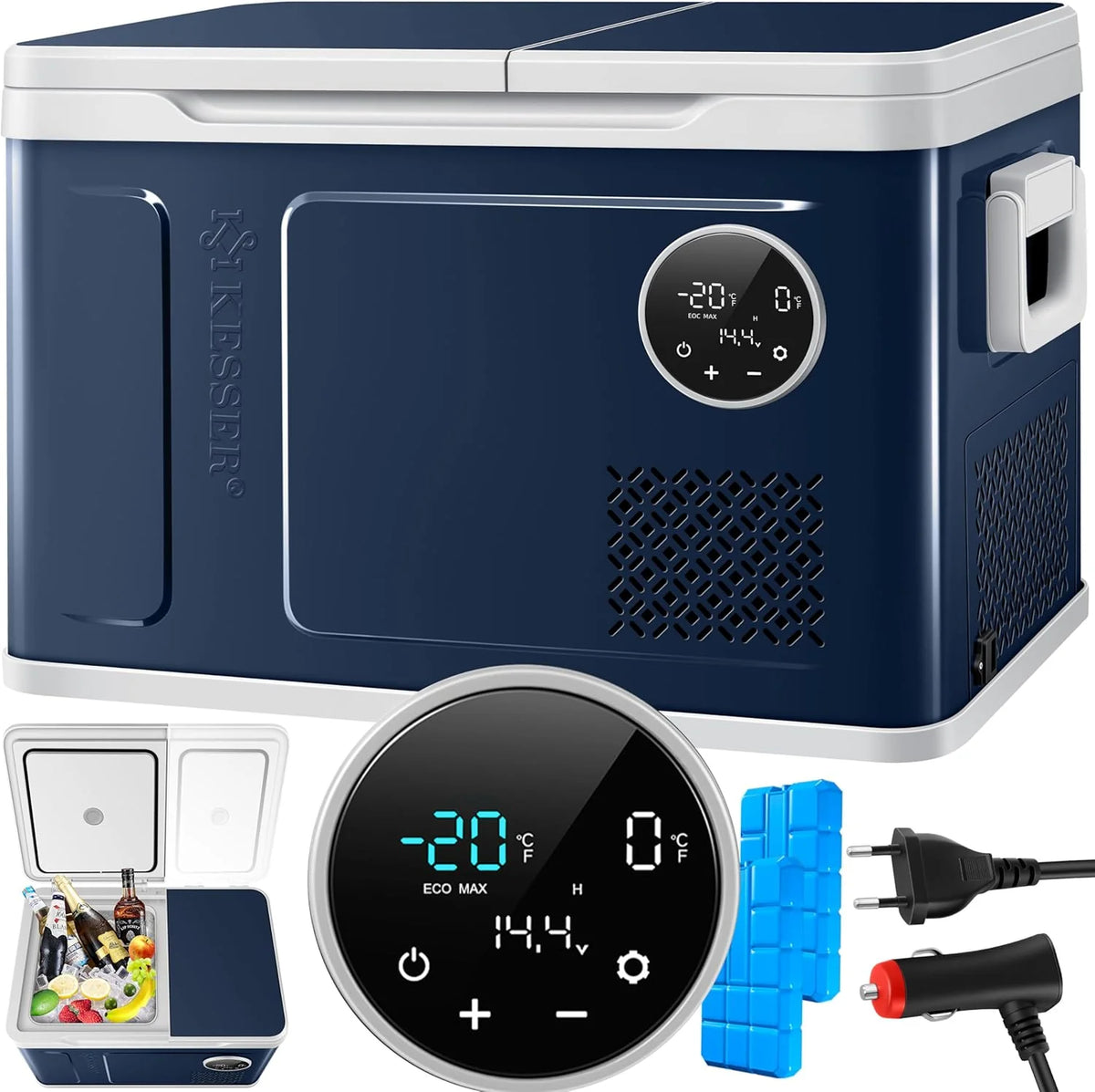 Nevera portátil KESSER 2026 con compresor, 2 en 1, doble zona de refrigeración y congelación, con congelador eléctrico, 2 acumuladores de frío y control táctil LED | Refrigerador con capacidad de enfriamiento hasta – 20 °C para camping, coche y