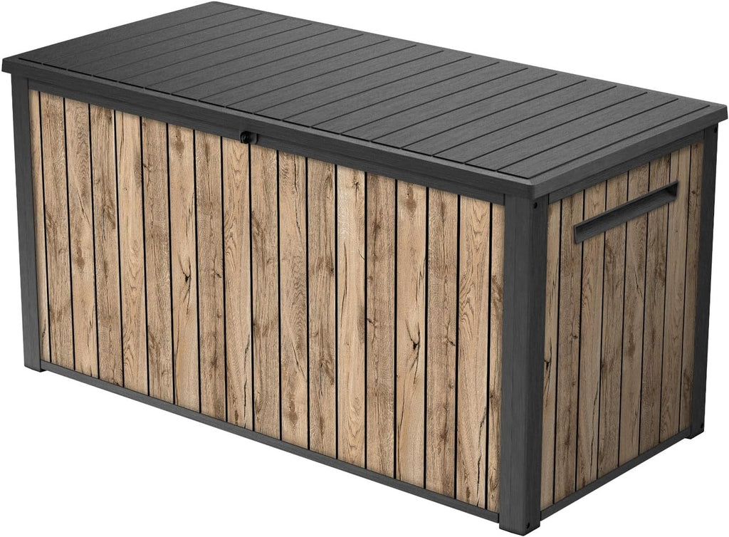 2026 Keter Caja de jardín Sierra 643L, 144 x 67 x 73 cm, plástico con aspecto de madera (pino), tapa con resortes de gas, se puede cerrar
