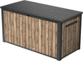 2026 Keter Caja de jardín Sierra 643L, 144 x 67 x 73 cm, plástico con aspecto de madera (pino), tapa con resortes de gas, se puede cerrar