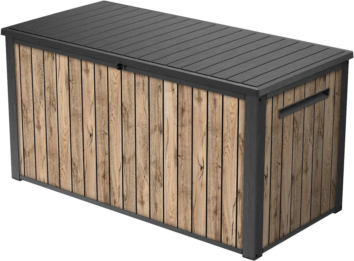 2026 Keter Caja de jardín Sierra 643L, 144 x 67 x 73 cm, plástico con aspecto de madera (pino), tapa con resortes de gas, se puede cerrar