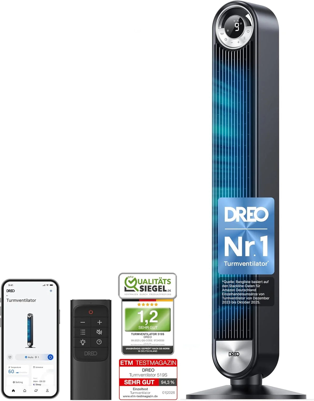 Ventilador de torre inteligente silencioso DREO 2026 de 25 dB, 106 cm de altura, 4 modos, 9 velocidades, máx. 7,9 m/s, temporizador de 12 h, oscilación de 90° con mando a distancia, control por voz, refrigeración, Cruiser Pro T2S, negro.