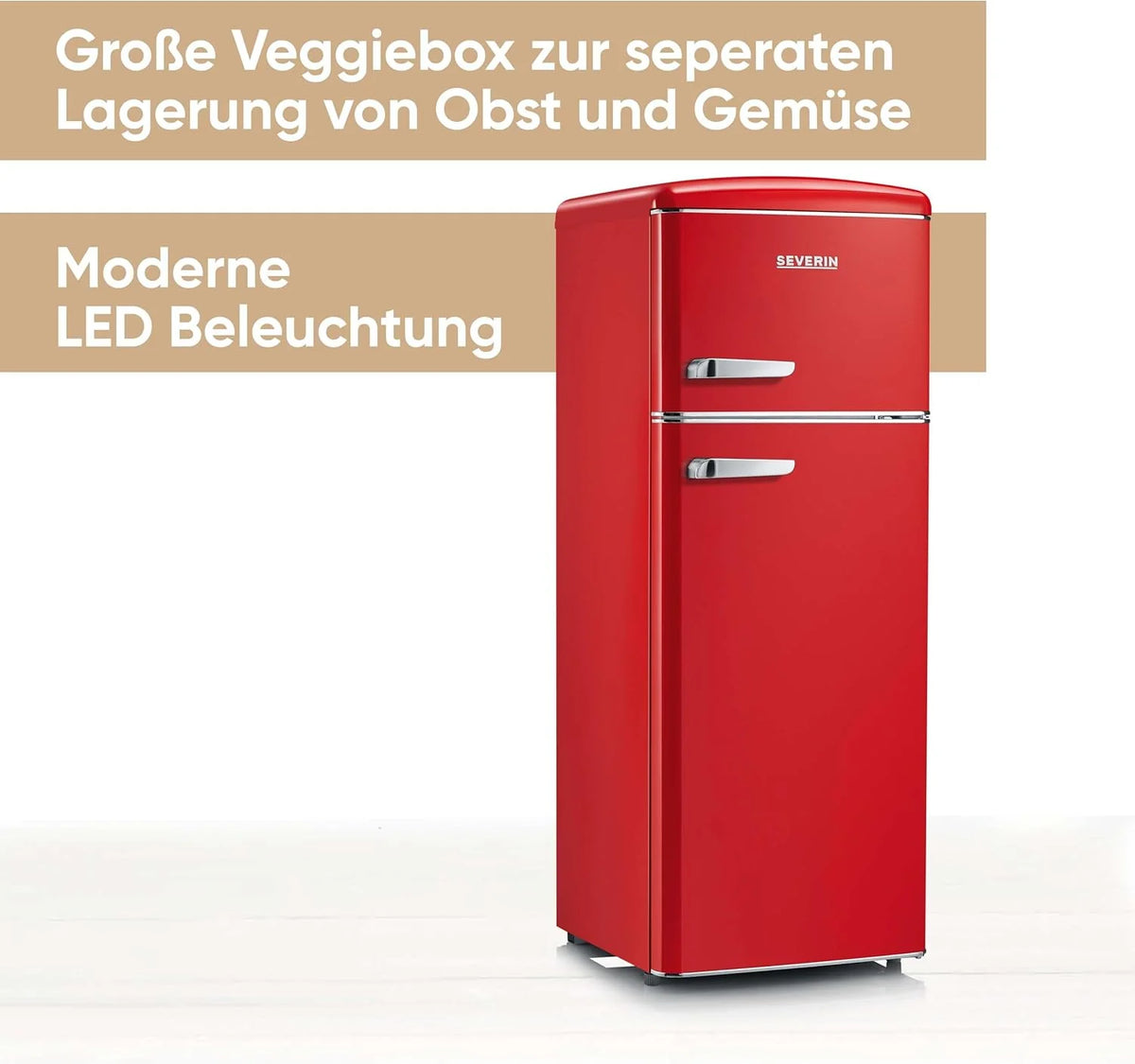 SEVERIN Retro 2026 – Combinación de frigorífico y congelador, una maravilla que ahorra espacio, 4 estantes regulables en altura y un amplio cajón para verduras, capacidad neta de 206 L, color crema, RKG 8933