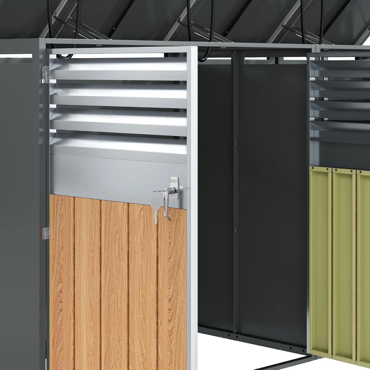 Unidad de almacenamiento de residuos de 4 compartimentos (modelo 2026) para 4 contenedores de hasta 240 L con tapa abatible, abertura de ventilación con rejillas, con cerradura, dos puertas, compartimento para contenedor de residuos de jardín, 4