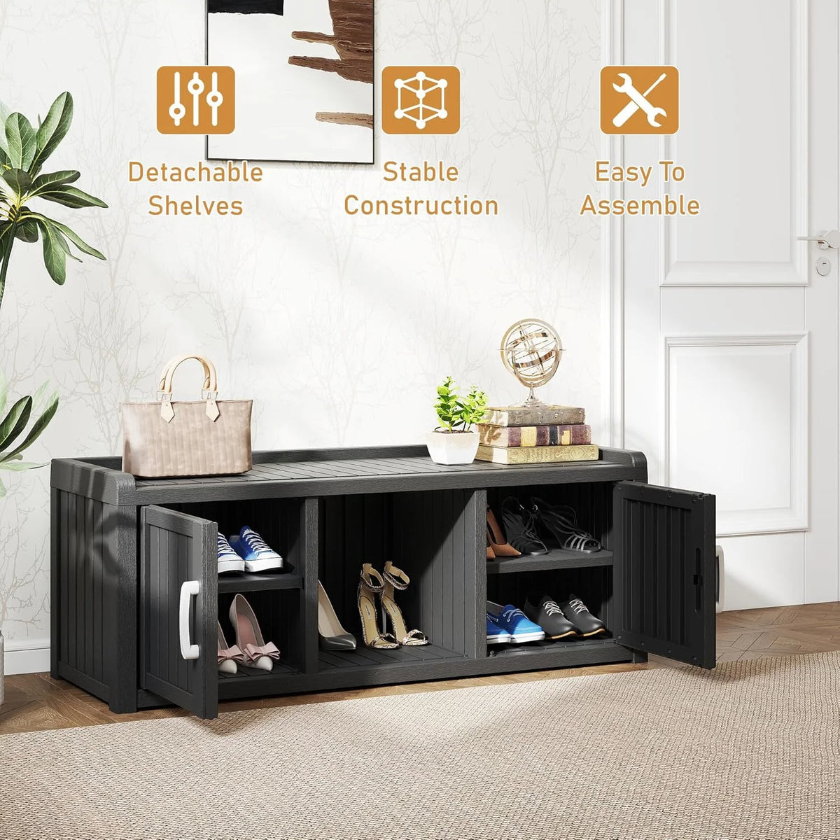 2026 KAMABOKO Outdoor Shoe Storage Cabinet, Waterproof UV-Resistant Entryway Storage Bench Indoor Outdoor with 2 Barn Doors, Adjustable Shelves for Entryway, Bedroom, Hallway,Living Room(Black)