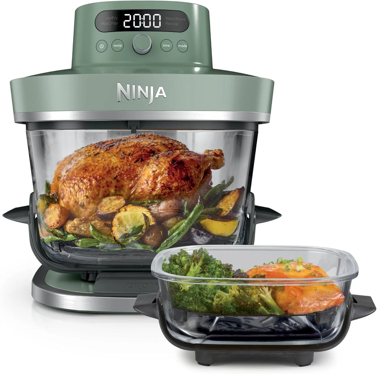 Freidora de aire Ninja CRISPi PRO XL de vidrio (modelo 2026), 5 funciones de cocción preestablecidas, recipientes de vidrio CleanCrisp (5,7 l y 2,3 l) y tapa de almacenamiento, color verde musgo AS090EUGN