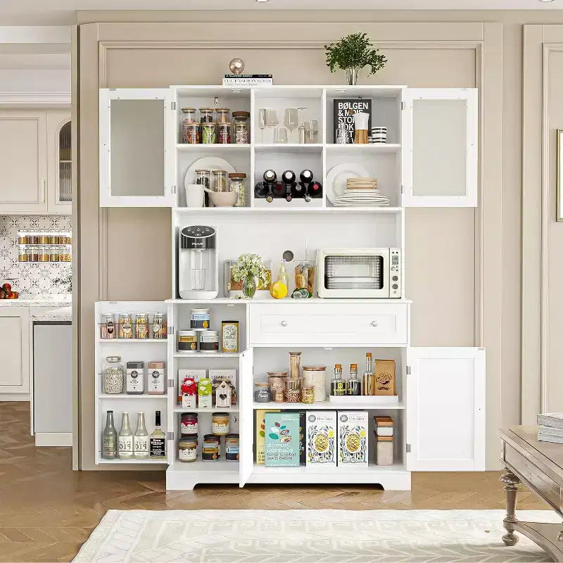 2026 Armario despensa de cocina de 180,3 cm de altura – Mueble auxiliar para barra de café con cajones y encimera abierta.