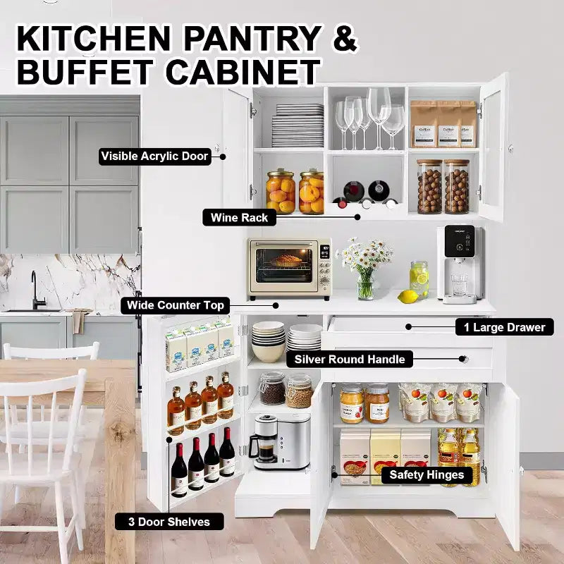 2026 Armario despensa de cocina de 180,3 cm de altura – Mueble auxiliar para barra de café con cajones y encimera abierta.