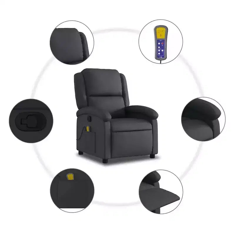 2026 Sillón reclinable de masaje – Vibración de 6 puntos, cuero auténtico, ajustable, negro