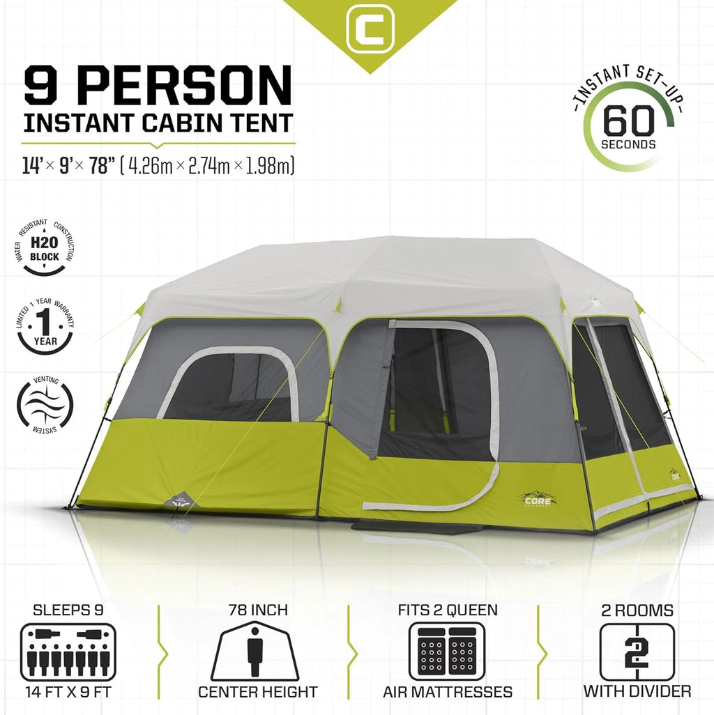 2026 9 Person Instant Cabin Tent - 14' X 9', Green