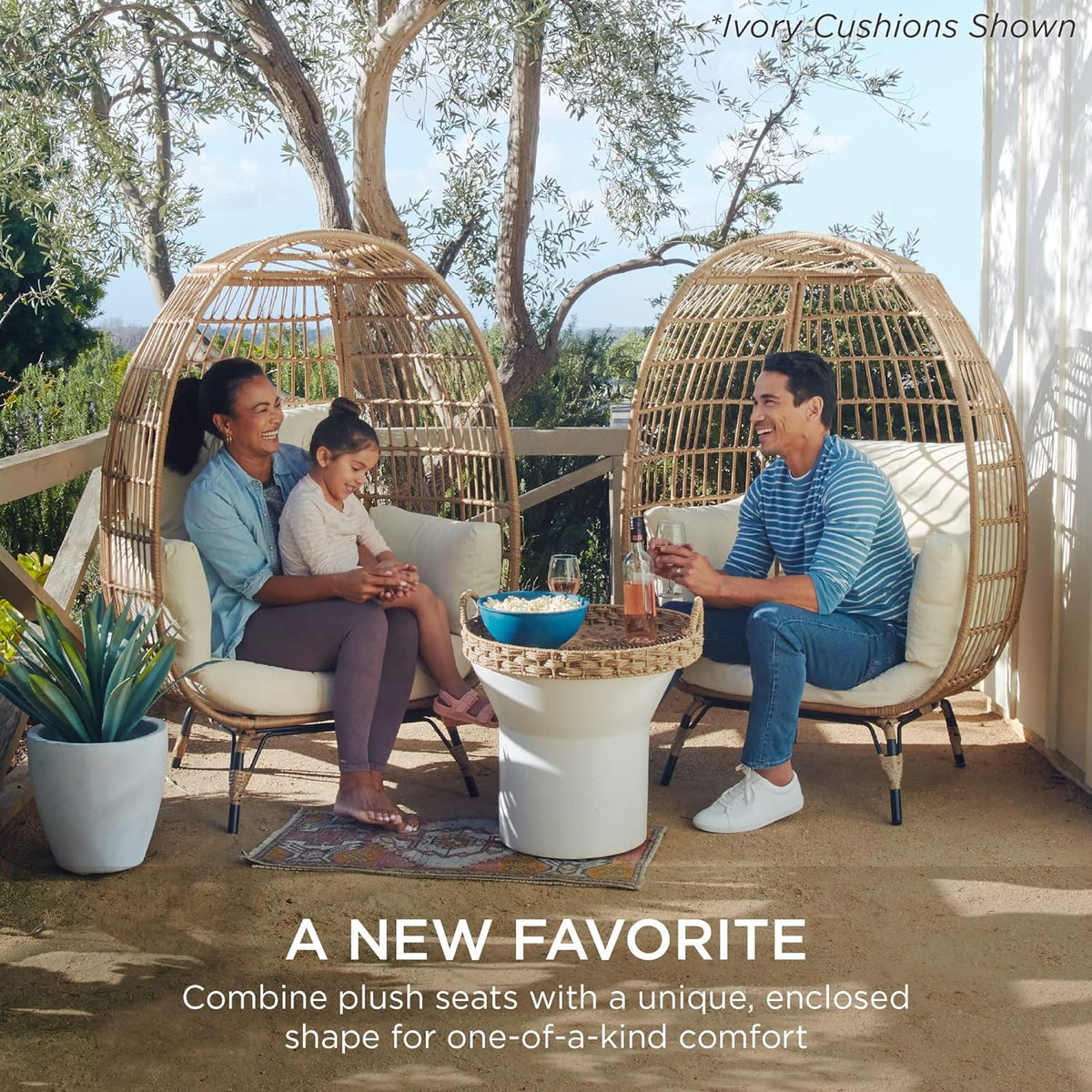 2026 Ivory Wicker Egg Chair, Oversized Indoor Lounger, 440lb Capacity, Bohemian Style, Steel Frame, Cushions Included
