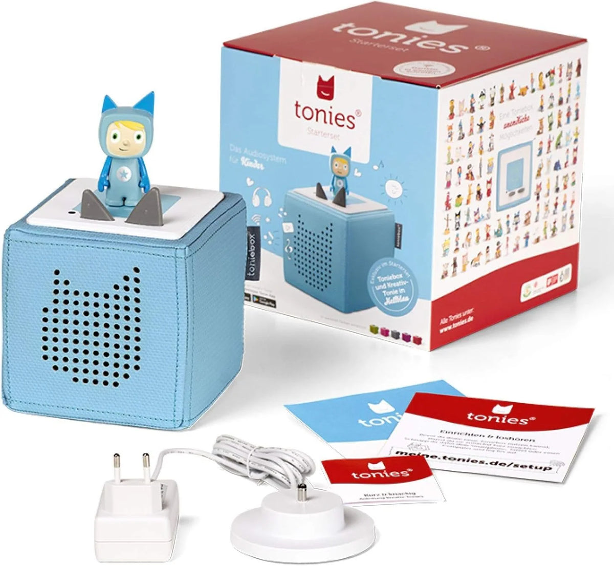 Paquete adicional Toniebox 2026: Set de inicio Toniebox azul con Creative – Tonie + 4 figuras de audio de Disney Animal Heroes, reproductor de audio para audiolibros y canciones, caja de música inalámbrica con reproducción de audio Disney.