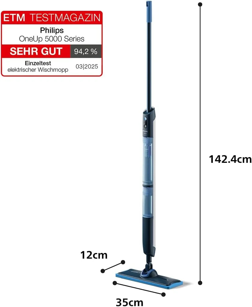 Fregona eléctrica Philips OneUp Serie 5000 (2026): suelos 2 veces más limpios², fregado 2 veces más rápido, dos niveles de humedad para suelos duros y delicados, inalámbrica con articulación giratoria de 360° (XV5113/01).