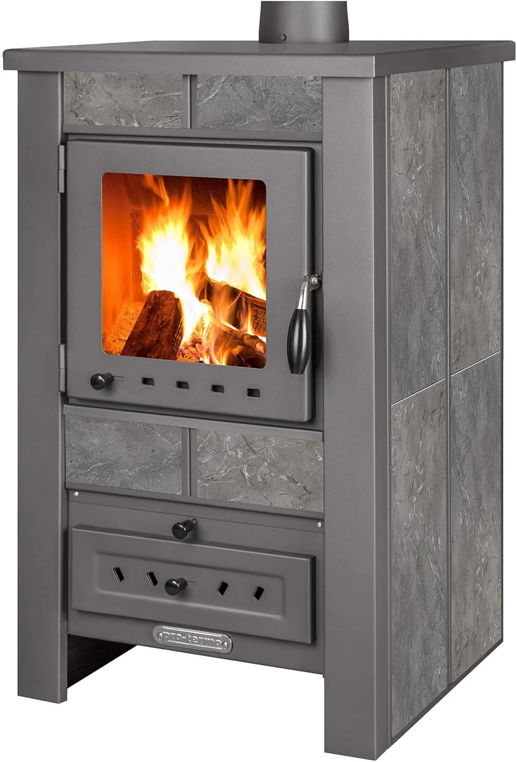 Estufa de leña ProTermo Alpina G Antracita 2026 con ladrillo refractario – Potencia calorífica de 8 kW – Estufa de leña con ventana de visualización, Tipo 1