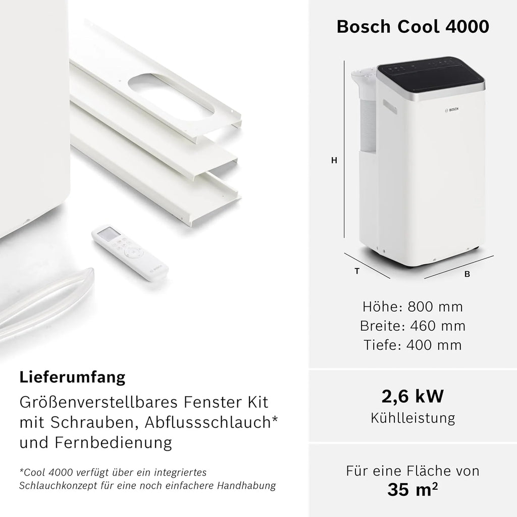 Aire acondicionado portátil Bosch Cool 4000 (modelo 2026) – 3 en 1: Aire acondicionado, deshumidificador y ventilador – 2,6 kW para habitaciones de hasta 35 m² – Con modo automático, modo silencioso y modo reposo.