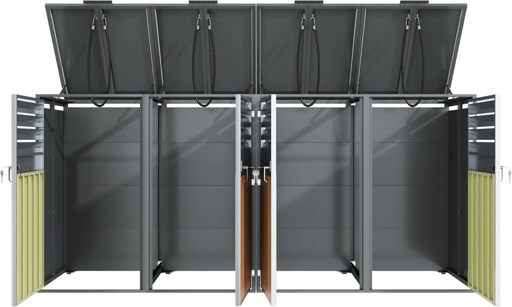 Unidad de almacenamiento de residuos de 4 compartimentos (modelo 2026) para 4 contenedores de hasta 240 L con tapa abatible, abertura de ventilación con rejillas, con cerradura, dos puertas, compartimento para contenedor de residuos de jardín, 4