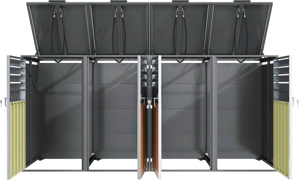 Unidad de almacenamiento de residuos de 4 compartimentos (modelo 2026) para 4 contenedores de hasta 240 L con tapa abatible, abertura de ventilación con rejillas, con cerradura, dos puertas, compartimento para contenedor de residuos de jardín, 4