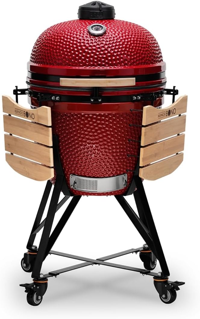 2026 Kamado BONO BBQ – Barbacoa Grande XXL con 10 accesorios – Ø 59 cm Kamado Barbacoa con Accesorios – Parrilla ahumador rojo en la terraza, balcón o jardín