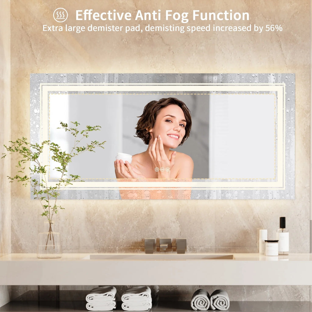 2026 Extra Large LED Lighted Bathroom Mirror, Anti-Fog Wall Mounted Vanity Mirror with 3 Colors