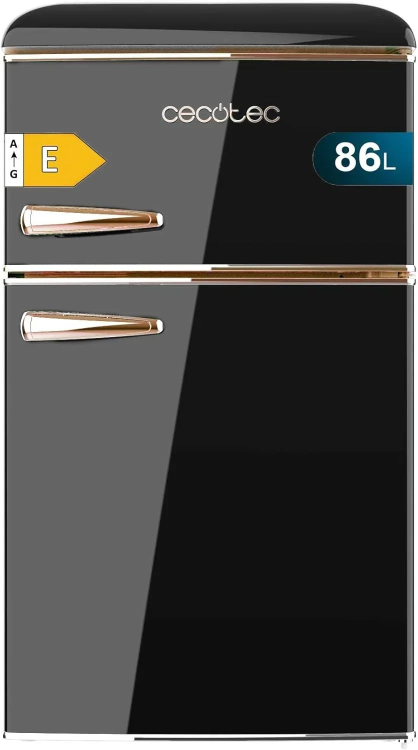 2026 Cecotec Nevera Pequeña Frigorífico 2 Puertas Retro 86L Bolero CoolMarket 2D Origin 86 Black E. 89,3cm de Alto y 48,7cm de Ancho, Clase Energética E, Icebox, Luz Interior y Tirador Cromado, Negro