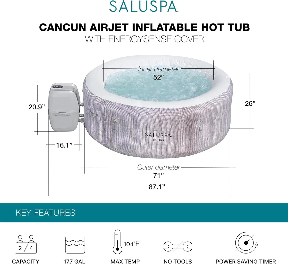 2026 Large Round 2 to 4 Person Inflatable Hot Tub Portable Outdoor Spa with 120 Airjets and Energysense Cover, Grey