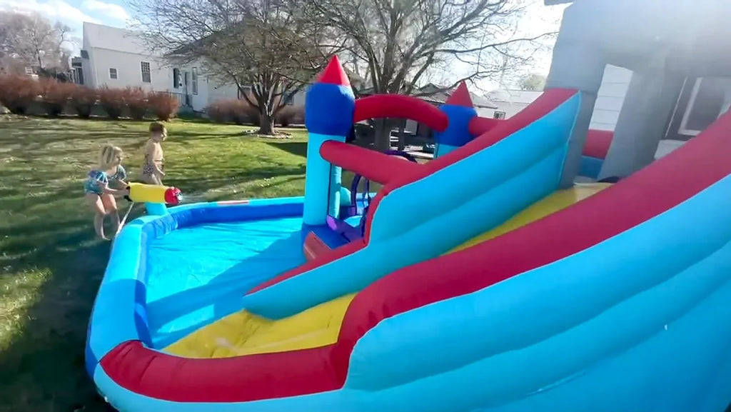 2026 Inflatable Water Slides for Kids 8-in-1 Bounce House Water Park with 450W Blower Climbing Wall, Splash Pool, 2 Water Cannons, Basketball Hoop, Water Slide, Crocodile Sprinkler for Gift Backyard Party