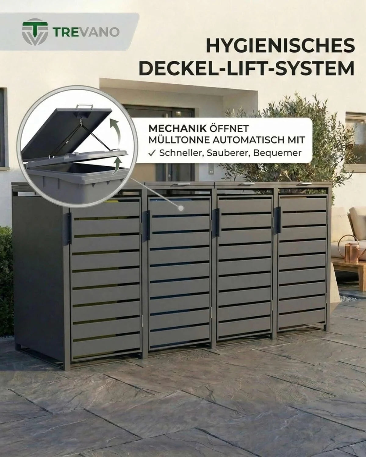 Caja para contenedores TREVANO de 3 compartimentos y 240 L (modelo 2026) – Tapa color antracita – Estructura de acero resistente – Cajas impermeables para 3 contenedores – Capacidad: 120 – 240 L