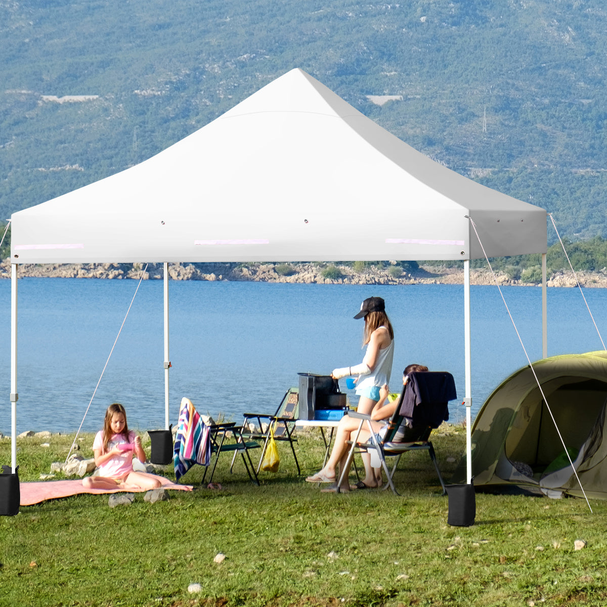 2026 Patiojoy 10x10ft Pop up Tent, 4 Height Adjustment Folding Camping Tent with Awning Blue