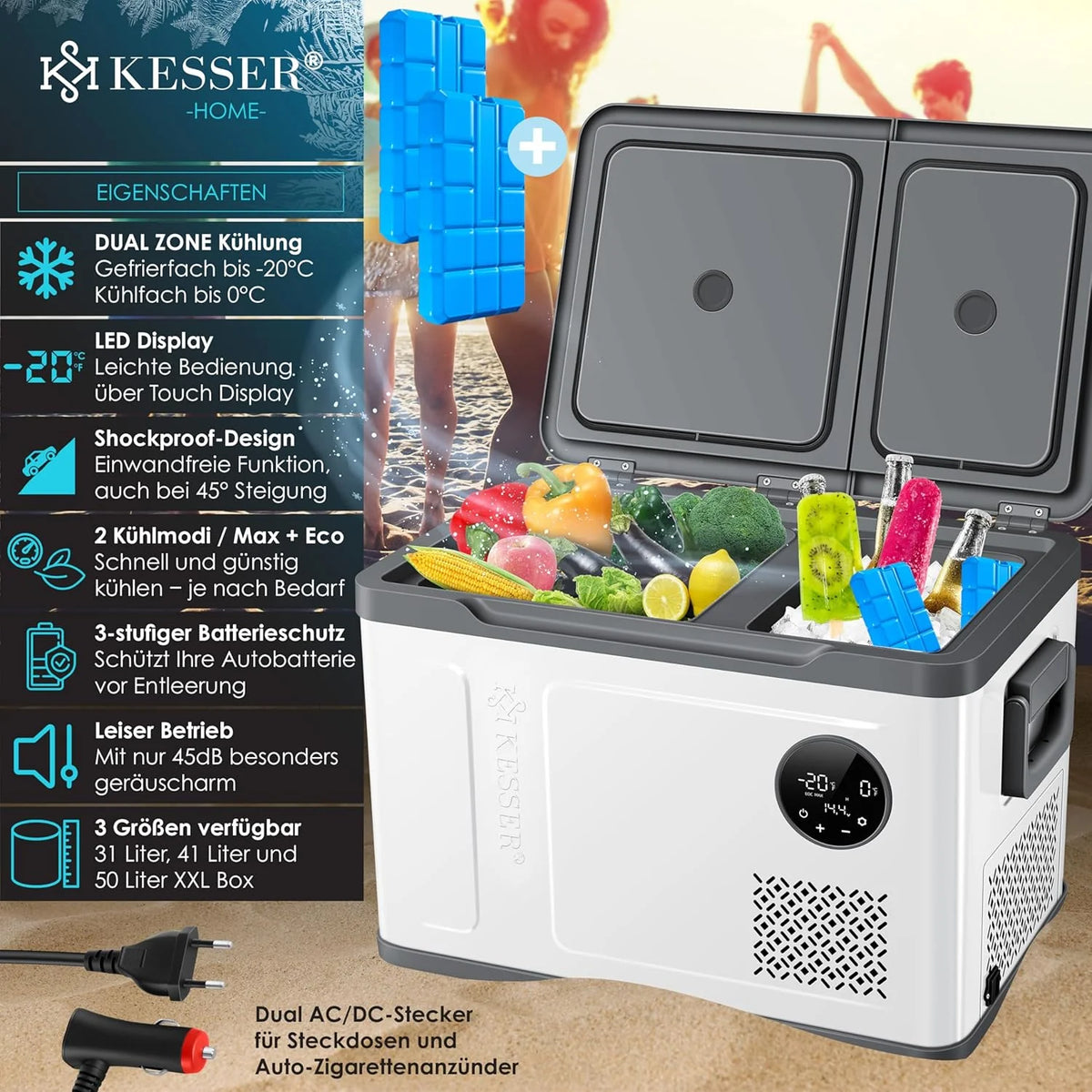 Nevera portátil KESSER 2026 con compresor, 2 en 1, doble zona de refrigeración y congelación, con congelador eléctrico, 2 acumuladores de frío y control táctil LED | Refrigerador con capacidad de enfriamiento hasta – 20 °C para camping, coche y