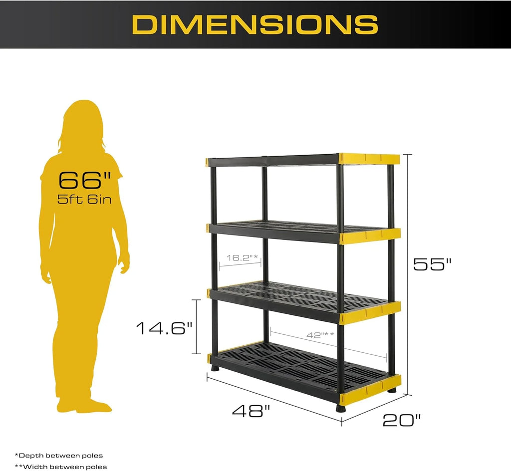 2026 TDUKDB Black and Yellow, 4-Tier Heavy Duty Plastic Storage Shelving Unit, 200lbs/shelf (55-H x 48-W x 20-D), for Indoor/Outdoor Organization, Modular Rack
